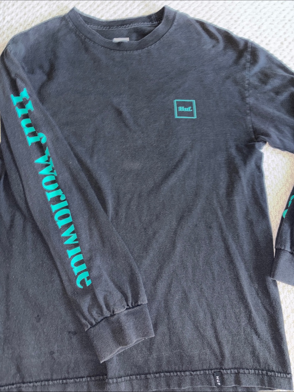 HUF Black Long-Sleeve Tee with Teal Logo and Sleeve Graphic